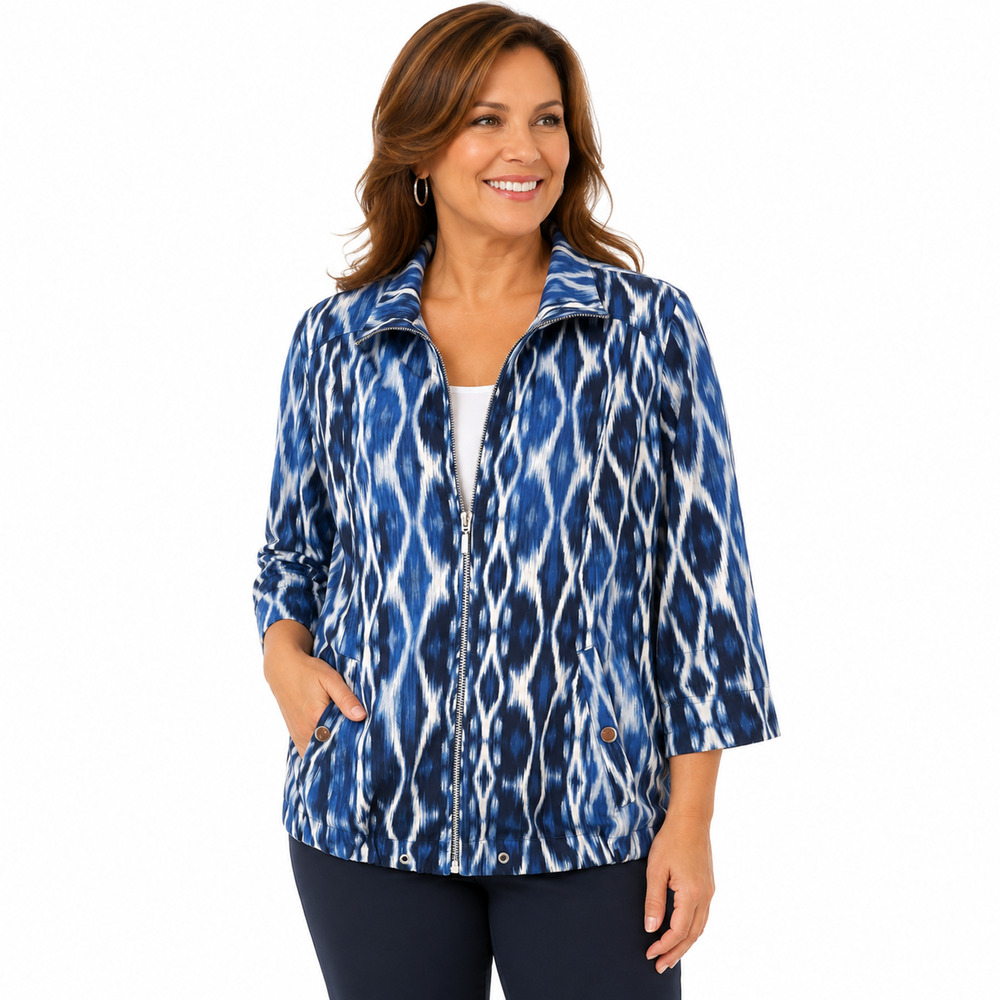 Chicos Zenergy Blue Print Full Zip Lightweight 3/4 Sleeve Jacket Sporty sz 1/ M